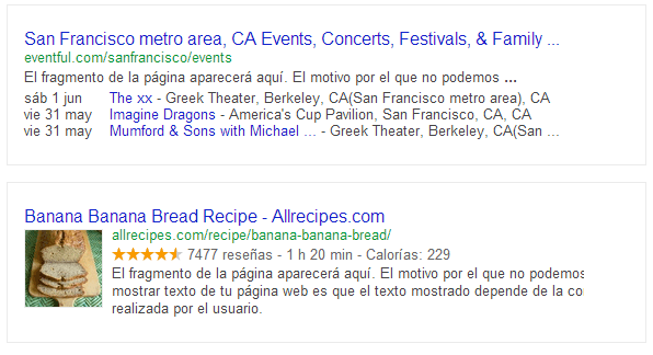 Ejemplo de como se muestra en Google los microdatos.